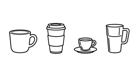 Four hand drawn coffee cups and mugs various sizes and styles line art sketch vector