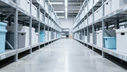 Fototapeta premium Warehouse Storage: Organized Shelves with Boxes for Efficient Inventory Management and Distribution Services