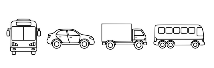 Fototapeta premium Set of vehicle line drawings featuring a bus a car a box truck and a minibus