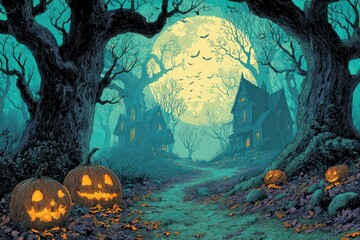 Haunted Halloween Night with Pumpkins and a Full Moon