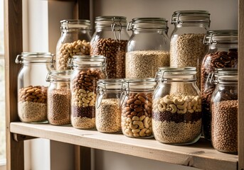 Organized Pantry Shelf with Glass Jars of Healthy Dry Food Grains and Nuts
