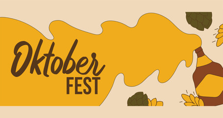 Banner with beer bottle, beer foam and inscription. Oktoberfest. Beer holiday. Banner. Bottle label. Background. Vector illustration.