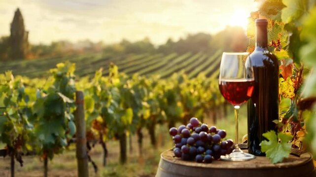 Wine bottle and glass with grapes on barrel, vineyard background at sunset