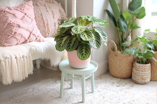 A prayer plant on a small pastel-toned side table, cozy corner with soft neutral carpets and cushions 