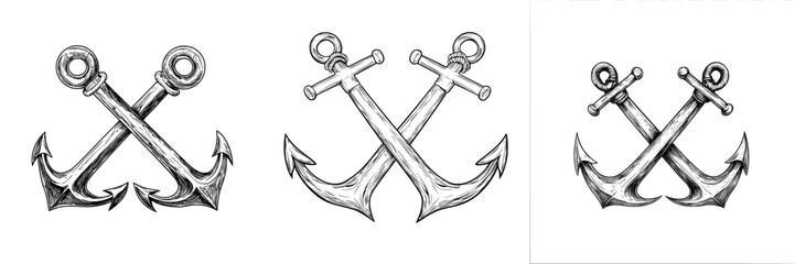 The image of crossed anchors is presented in a modern illustration as a monocolor symbol, representing the navy and sailing, including regattas, with its hand-drawn style, and is also utilized as a
