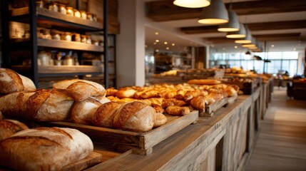 Fototapeta premium Artisan Bakery Display: Fresh Bread, Pastries, and Baked Goods on Rustic Wooden Counters in a Bright, Inviting Shop
