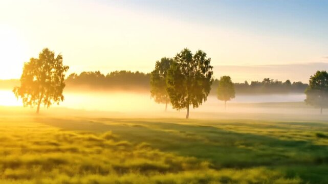 Sunrise Mist Over a Lush Meadow with Trees