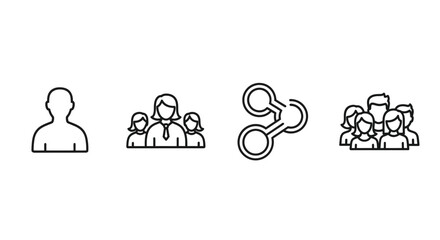 Set of four hand drawn icons representing people groups and connection concepts vector