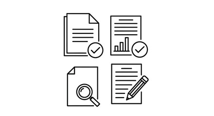 Hand drawn icons representing document analysis report writing and verification processes vector