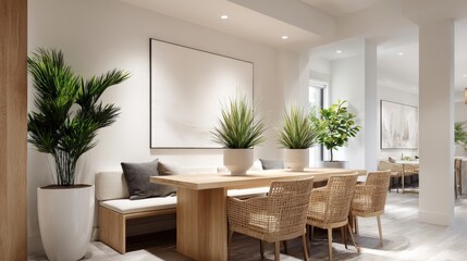 Fototapeta premium Modern Dining Room Interior with Natural Light, Plants, and Minimalist Decor for a Relaxing Atmosphere