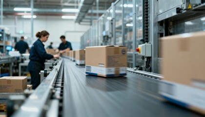 Fototapeta premium Automated Conveyor Belt System with Workers Packaging and Sorting Parcels in a Distribution Warehouse