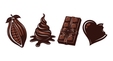 Delicious assortment of dark chocolate treats cocoa bean bar and heart shape vector