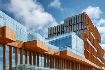 closeup of modern wooden building facades featuring innovative glass elements blending tradition and modernity