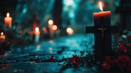 Candlelit cemetery at dusk with flowers and crosses, creating serene solemn atmosphere