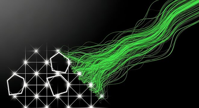 Dynamic abstract design with flowing green lines and geometric shapes on black background
