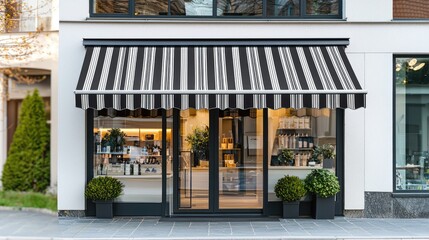 Elegant Black and White Striped Awning on Storefront