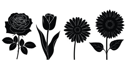 Silhouette floral design elements featuring a rose tulip sunflower and daisy for artistic botanical compositions vector