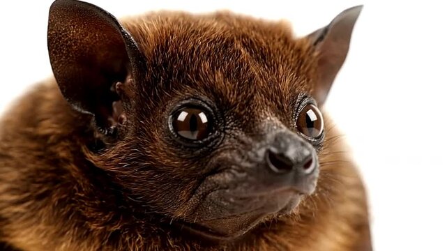 Closeup of a brown bats face with detailed fur round eyes and prominent ears against a white background