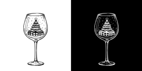 Wine glass as a snow globe, inside which there is a Christmas tree with gifts and snow falling, isolated vector image, two design options on transparent and black backgrounds, pencil drawing, chalk dr