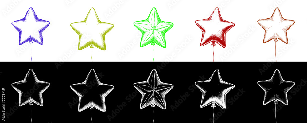 Poster seamless border in the form of star-shaped balls of different colors, set of images, isolated vector