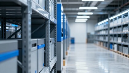 Fototapeta premium Warehouse Storage System with Organized Shelves and Inventory Boxes for Distribution and Logistics Management