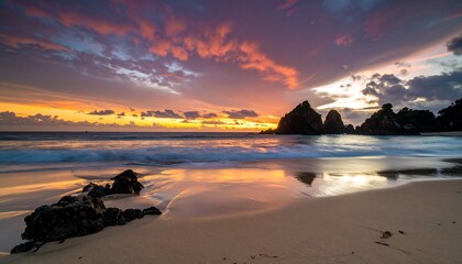 Sunrise over a beach with dramatic clouds