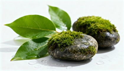 Zen Composition of Moss Covered Stones with Green Leaves on White Background for Spa or Wellness