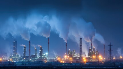 Industrial Complex Emitting Smoke at Twilight: Heavy Industry, Pollution, Environmental Concerns