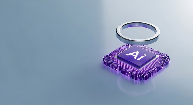 Futuristic AI chip with glowing purple circuits and a silver ring symbolizing innovation and technology