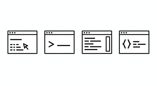 Four stylized digital interface windows representing code development and system interaction vector