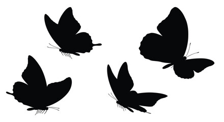 Four silhouette butterflies in flight dynamic fluttering movement against white space vector