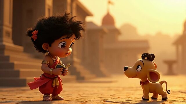 Ramanavmi, Lord Rama, Ram, Ayodhya, Cute kid Rama. Adorable animated depiction of baby Krishna holding a flute, accompanied by a small cow, both in a sunlit temple courtyard.