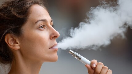 Woman exhales vapor while using e-cigarette during the afternoon in an outdoor setting