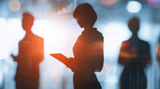 Silhouettes of business analysts engaged in data analysis and teamwork collaboration