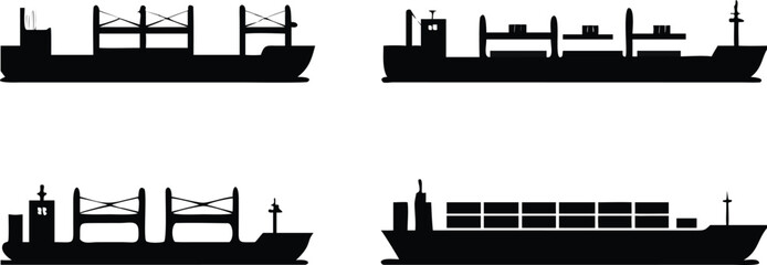 Collection of black silhouette illustrations representing various cargo ship designs and transport 
