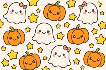 Fototapeta premium Cute Halloween themed pattern with smiling ghosts, pumpkins, and stars