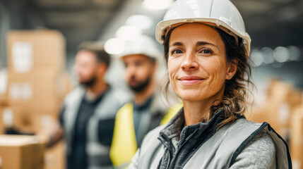 Confident logistician leading distribution team in a warehouse setting