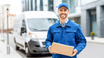 Fototapeta premium Smiling courier delivers package on city street near delivery van in bright daylight