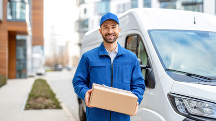Courier smiling while delivering package in urban environment on sunny day