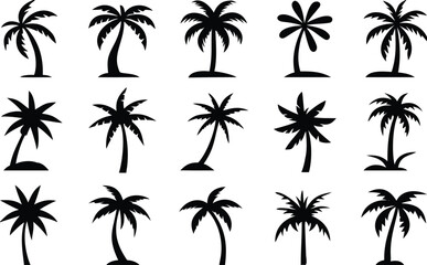 Collection of black palm tree silhouette icons featuring various tropical designs suitable for holiday, vacation, or summer themed projects 
