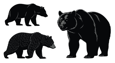 Three black bear silhouettes standing and walking in profile vector
