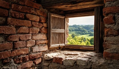 View from a rustic brick window overlooking a green landscape.