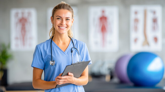 Cheerful physiotherapist assisting patients with rehabilitation and exercise therapy - Powered by Adobe