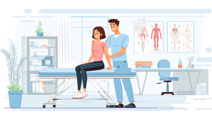 Physiotherapist assists female patient during rehabilitation session in modern clinic