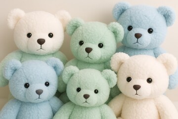 Colorful soft stuffed bears arranged for display in a cozy setting
