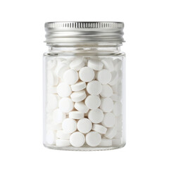 Glass jar filled with white medicine pills