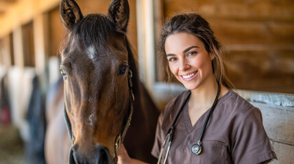 Young female veterinarian caring for a horse at a veterinary clinic during a calm visit