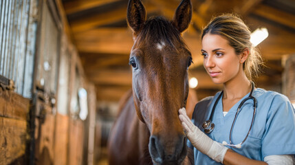 Veterinarian conducts professional examination of horse in stable setting during daylight hours