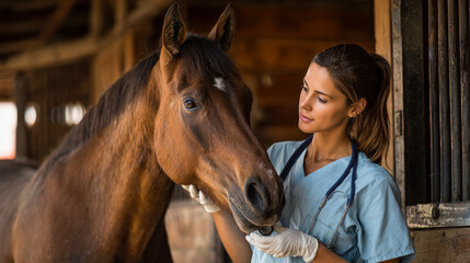 Veterinarian examines horse in stable during routine health check at veterinary clinic