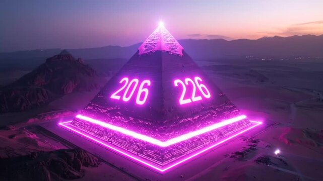 Futuristic Pyramid with Neon Lights in Desert Landscape